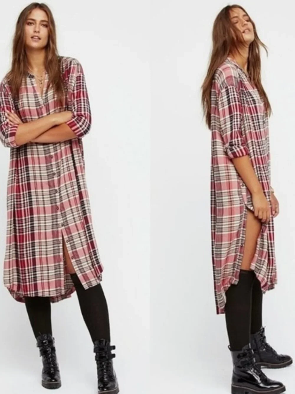 Free People Loralei Plaid Shirt Dress Tunic Red Pink Western Festive Size XS
